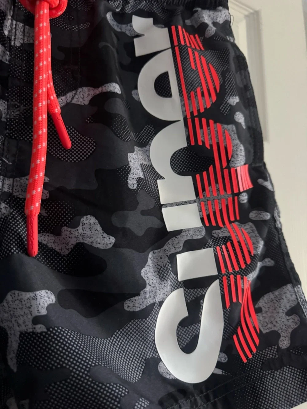 Superdry Men’s Camo Swim Trunks Shorts Black Gray Neon Coral Logo Size S